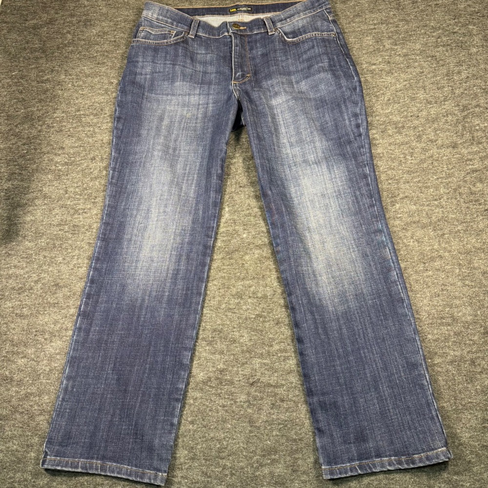 Lee Relaxed Fit Straight Leg Jeans Womens 14 Short Mid Rise Dark‎ Wash Stretch